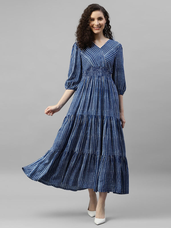 Striped V-Neck Puff Sleeve Smocked Tiered Maxi Dress