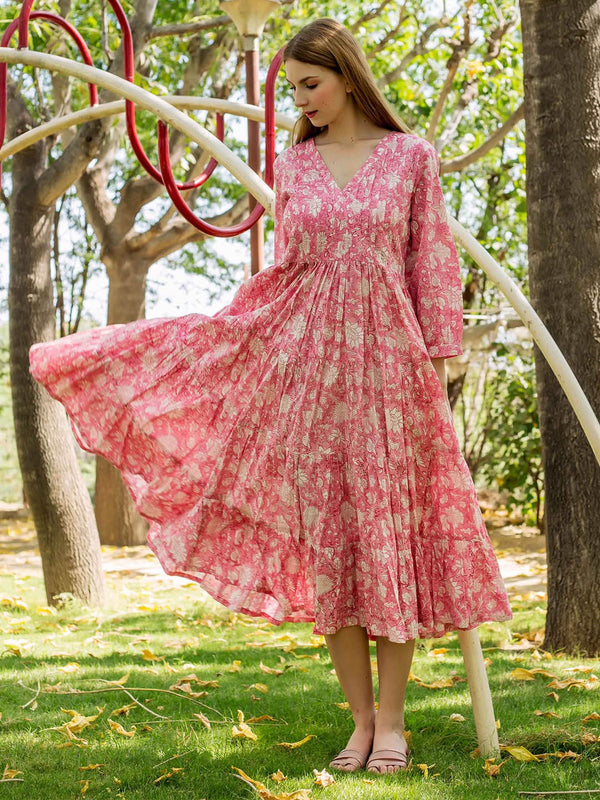 V-neck A-line Tiered Midi Dress