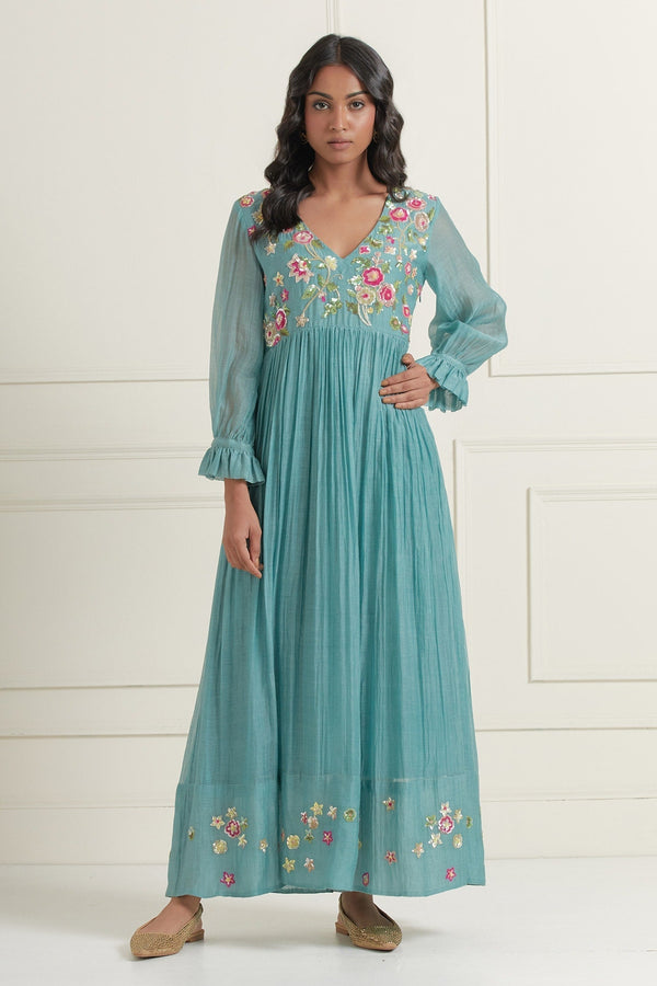 Blue Chanderi Embroidered Floral V Neck Sequin Dress