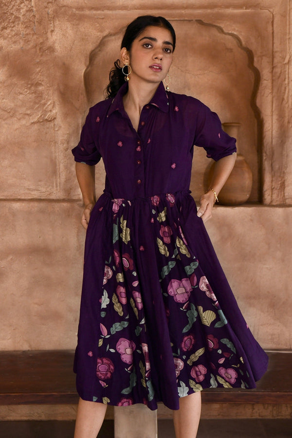 Purple Chanderi Silk Print Floral Mulberry Flower Shirt Dress