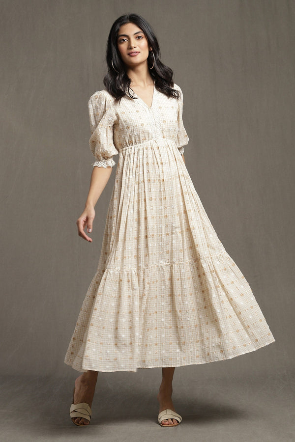Beige Cotton Dobby Whimsical Heritage V Neck Tiered Hem Midi Dress
