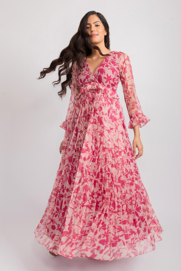 Pink Recycled Chiffon Printed Floral V Neck Michelle Pleated Dress