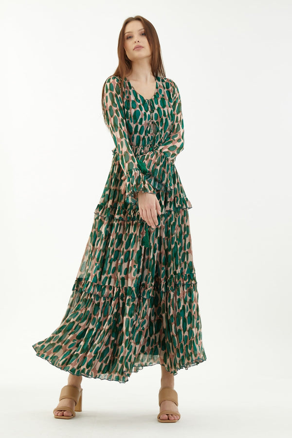 Green Chiffon Abstract V Neck Front Slit Dress
