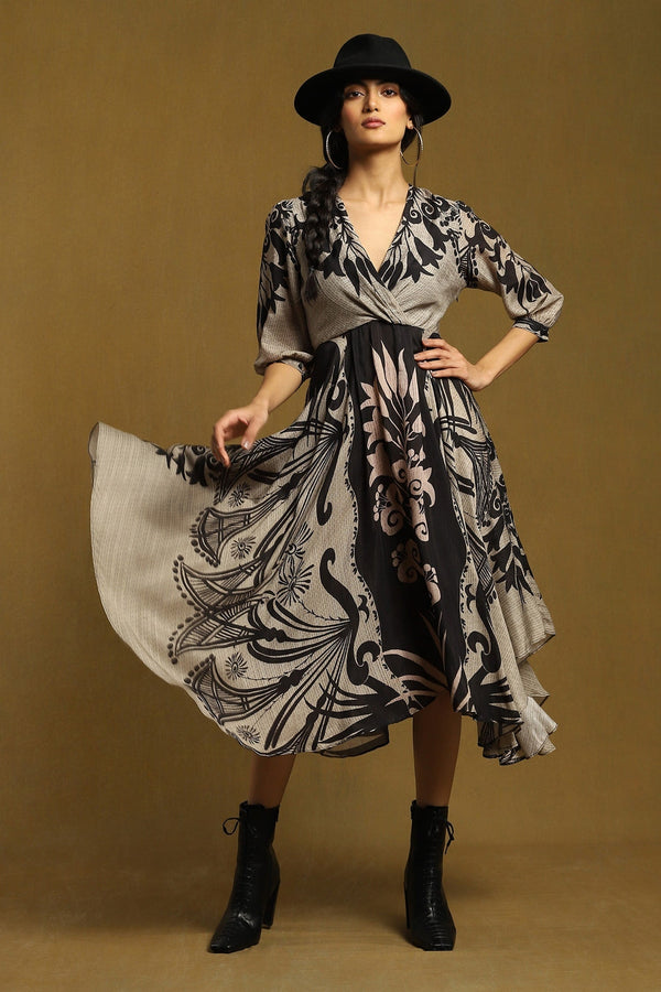 Black Viscose Bamberg Botanical V Neck Asymmetric Hem Dress