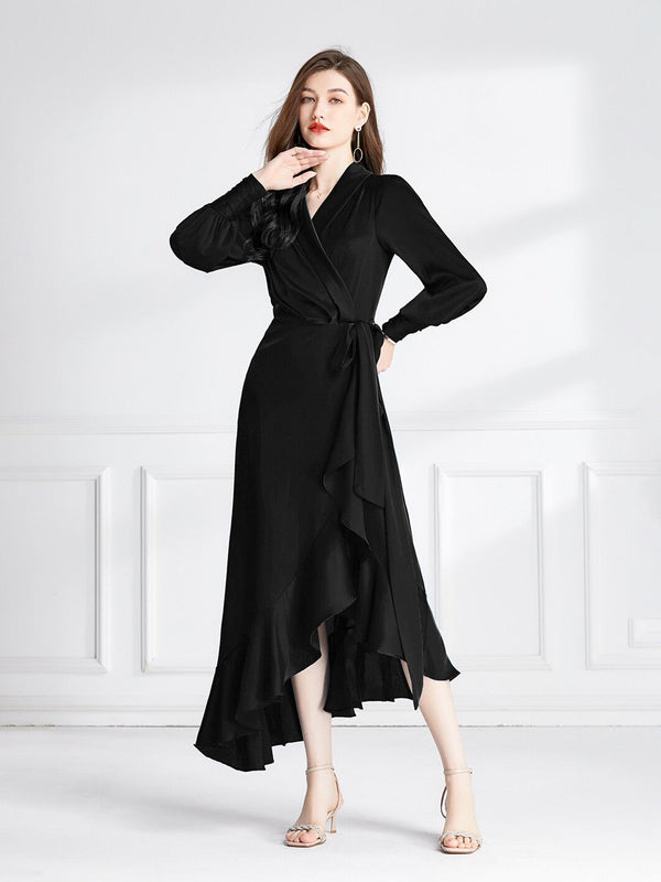 V-Neck Cuffed Sleeves Wrap Maxi Dress