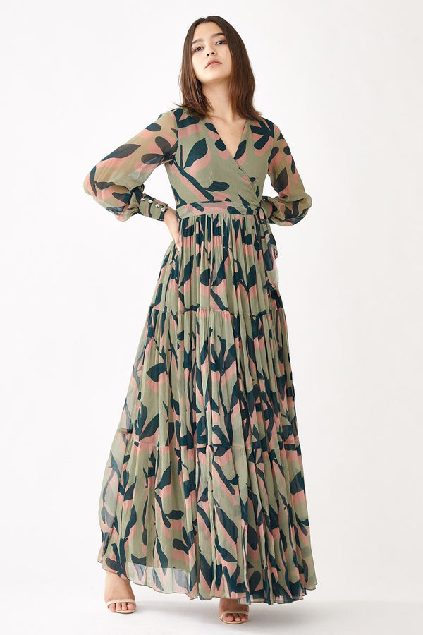 Pink Georgette Floral V Neck Wrap Dress