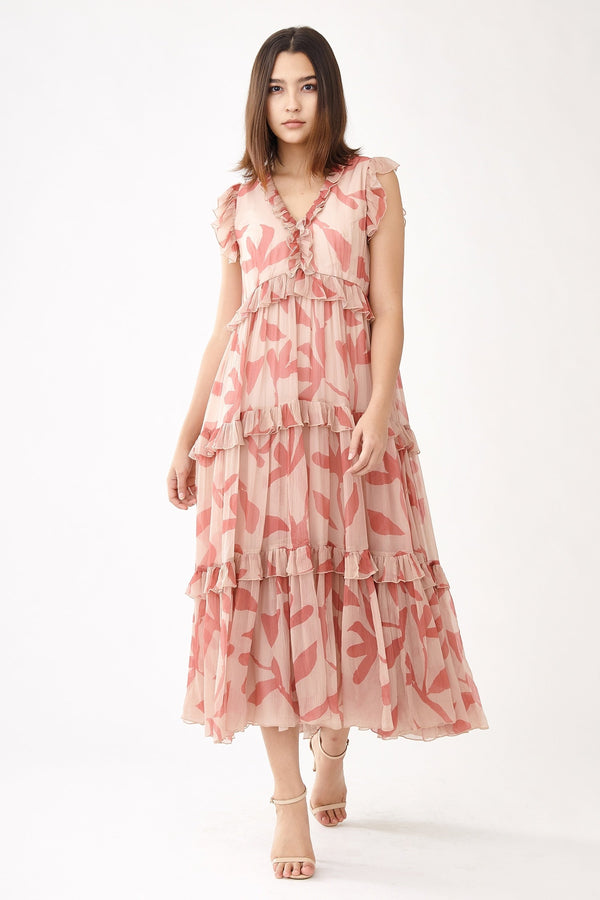 Pink Chiffon Floral V Neck Midi Dress