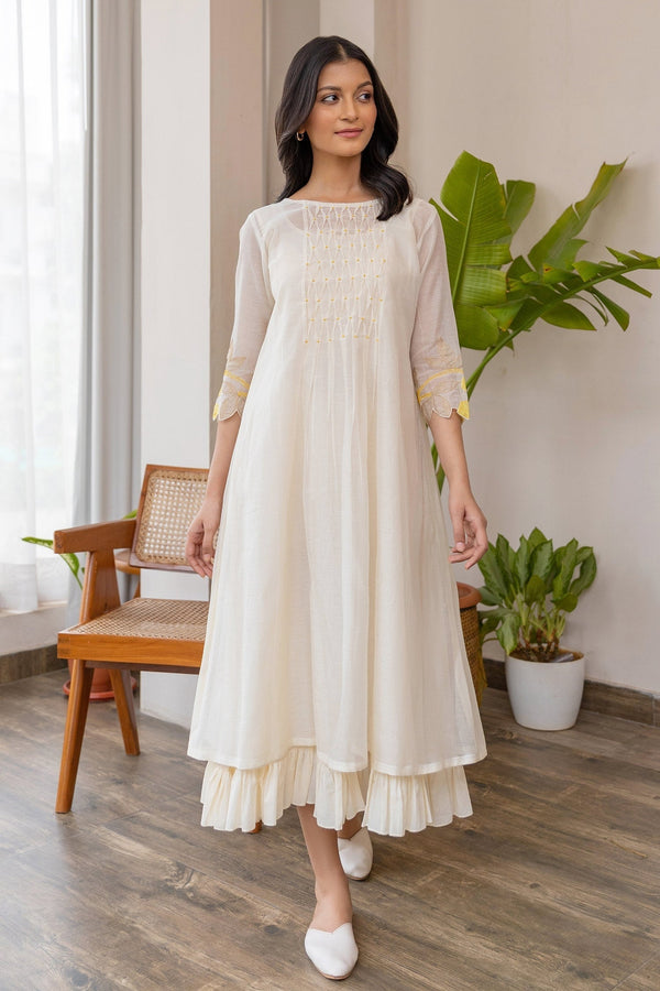 White Chanderi Embroidery Floral Round Smocked Dress