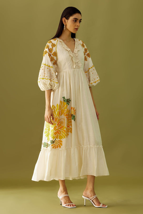 Ivory Chanderi Embroidery Floral Applique And Beads V Neck Midi Dress