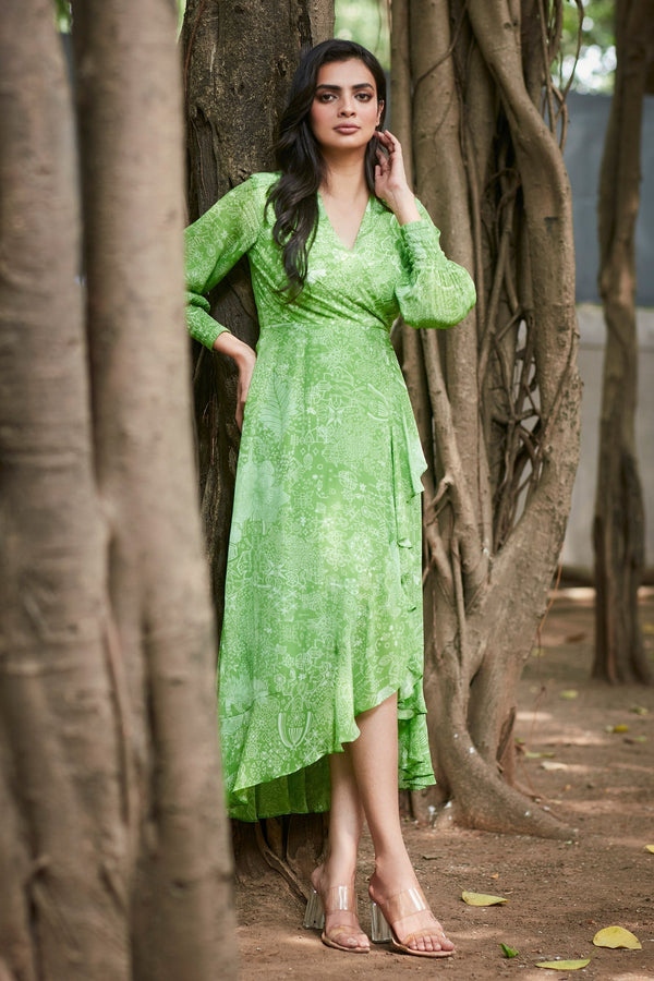 Green 100% Viscose Natural Crepe Geometric Laurel Asymmetric Dress