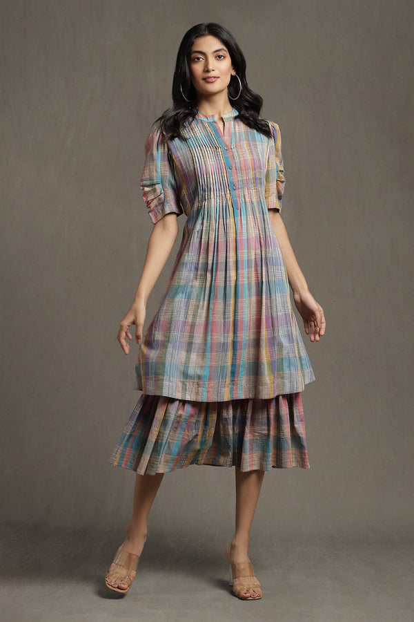 Multi Color 100% Cotton Printed Checkered Pintuck Layered Dress