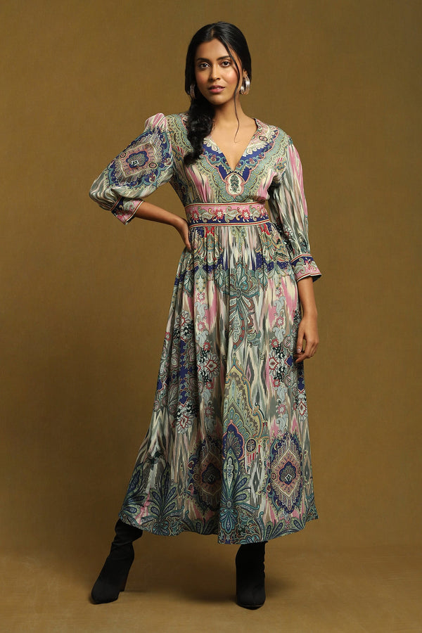 Blue 100% Viscose Printed Paisley V Neck Dress
