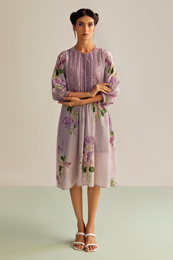 Purple Cotton Silk Printed Floral Motifs Round Amie Dress For Women