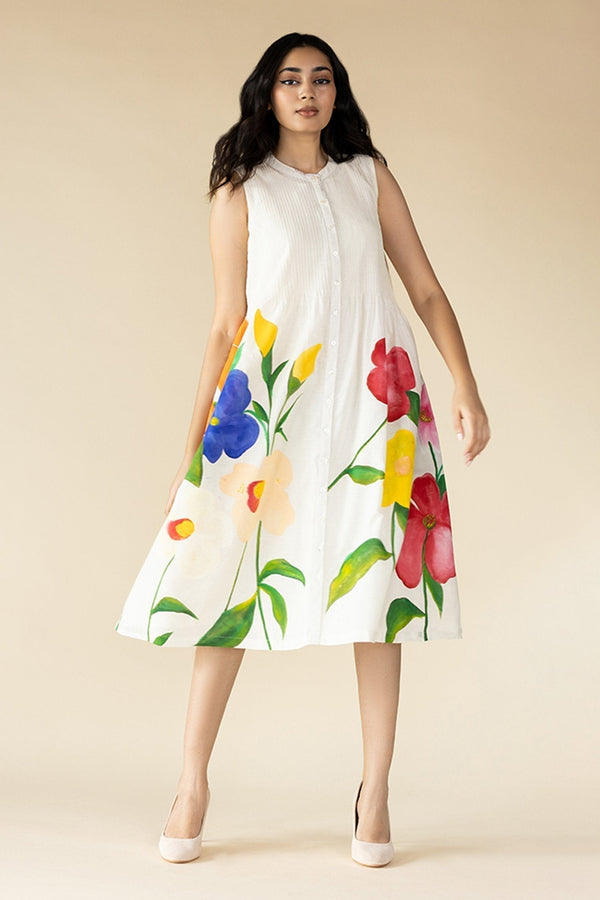 Off White Muslin Floral Hand Painted Sleeveless Dress