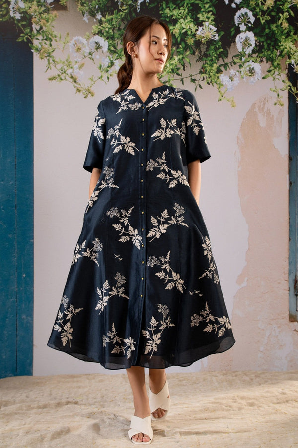 Blue Silk Chanderi Floral Discharge Print Shirt Dress