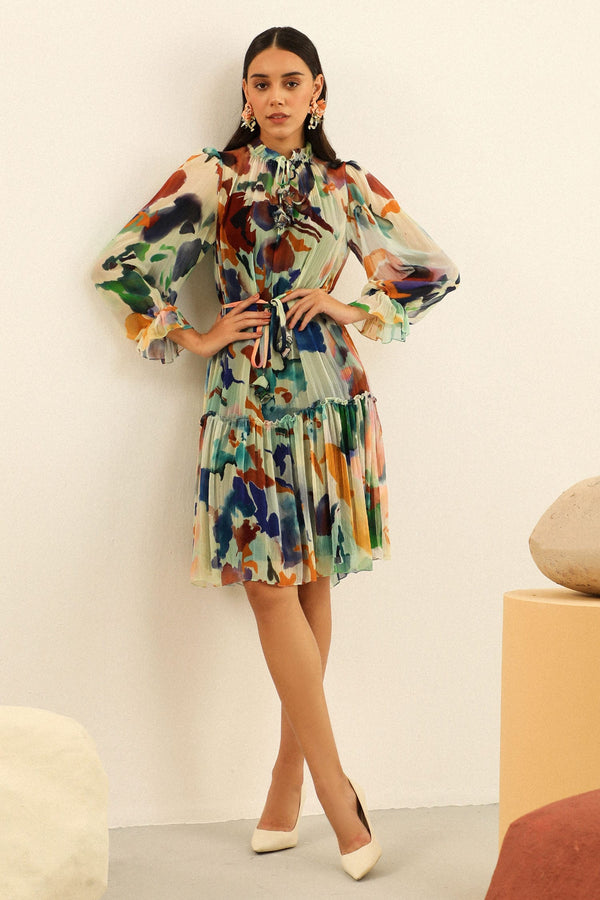 Multi Color Pearl Chiffon Printed Abstract Tie-up Adriana Dress