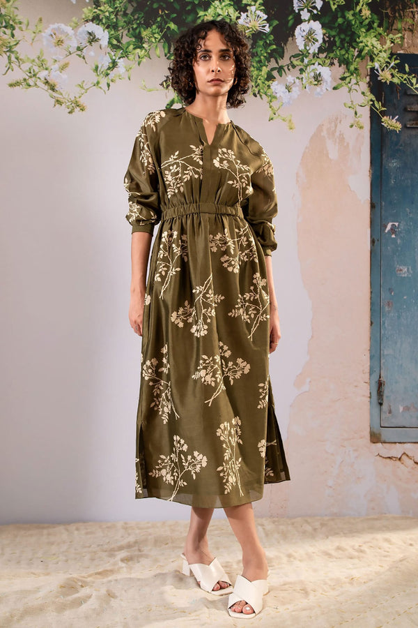 Green Silk Chanderi Printed Block Notched Floral Dress For Women