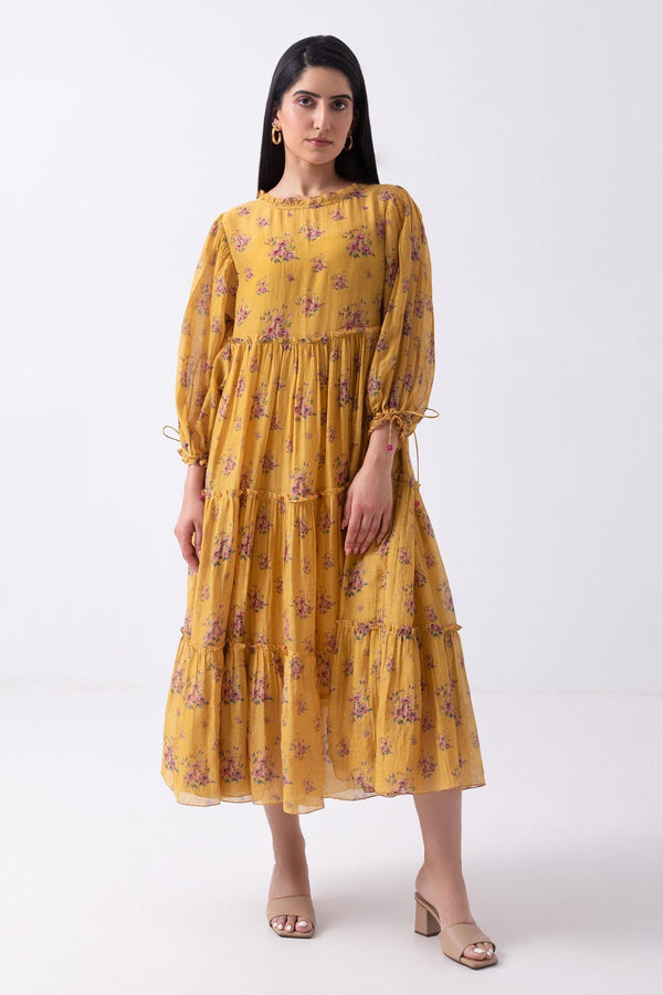 Yellow Chanderi Printed Rose Ruffle Dress