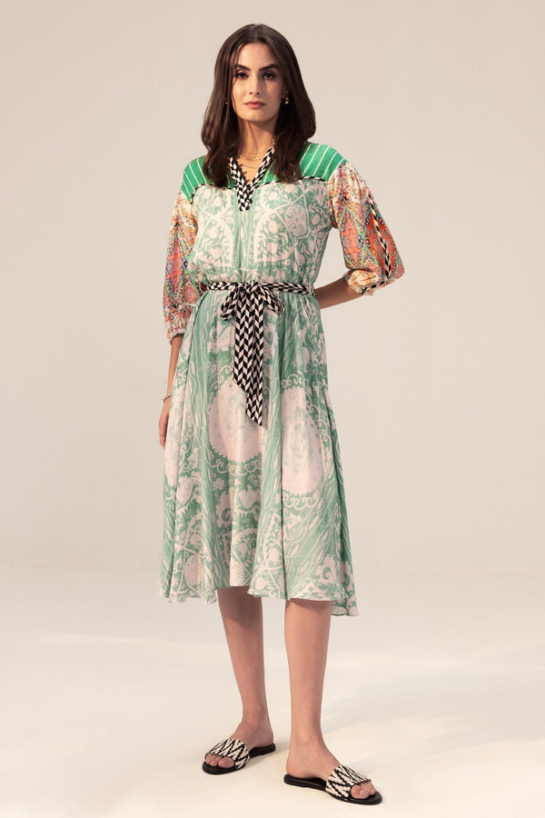 Green Bemberg Georgette Printed Paisley V-neck Elan Blossom Dress