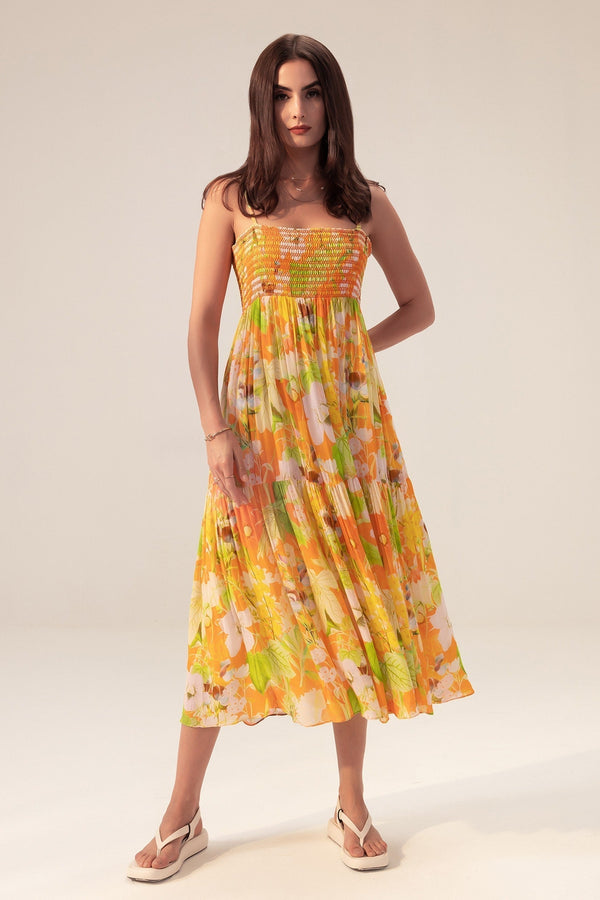 Yellow Bamberg Georgette Printed Floral Square Neck Ahana Cami Dress For Women