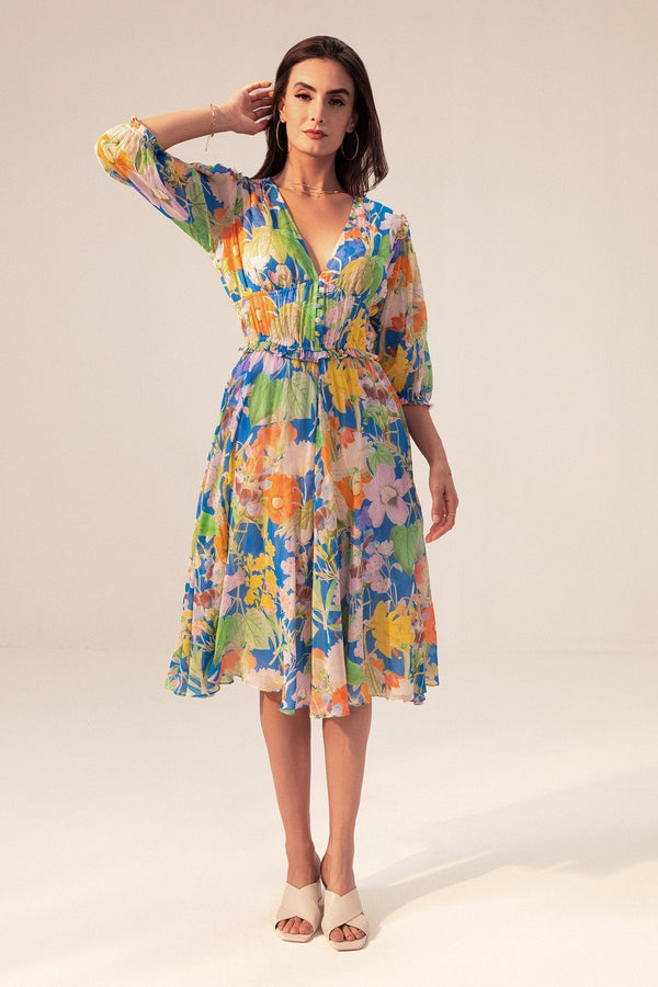 Blue Cotton Mulmul Printed Flower V Neck Iris Midi Dress