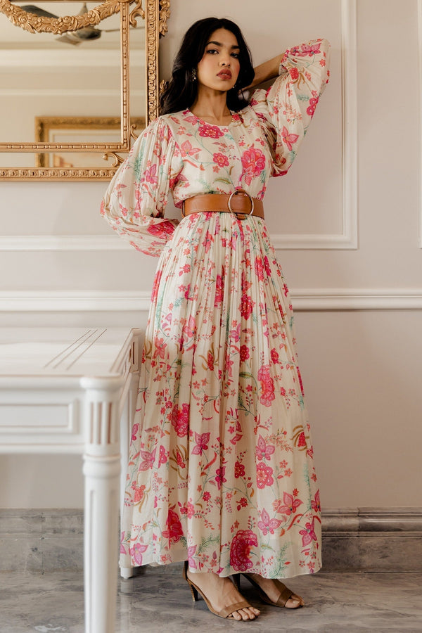 White Dress Cotton Silk Inner Shantoon Printed Chintz Motifs Round