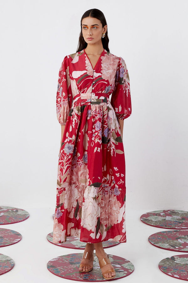 Red Chanderi Print Cockscomb V Raizel Blossom Dress