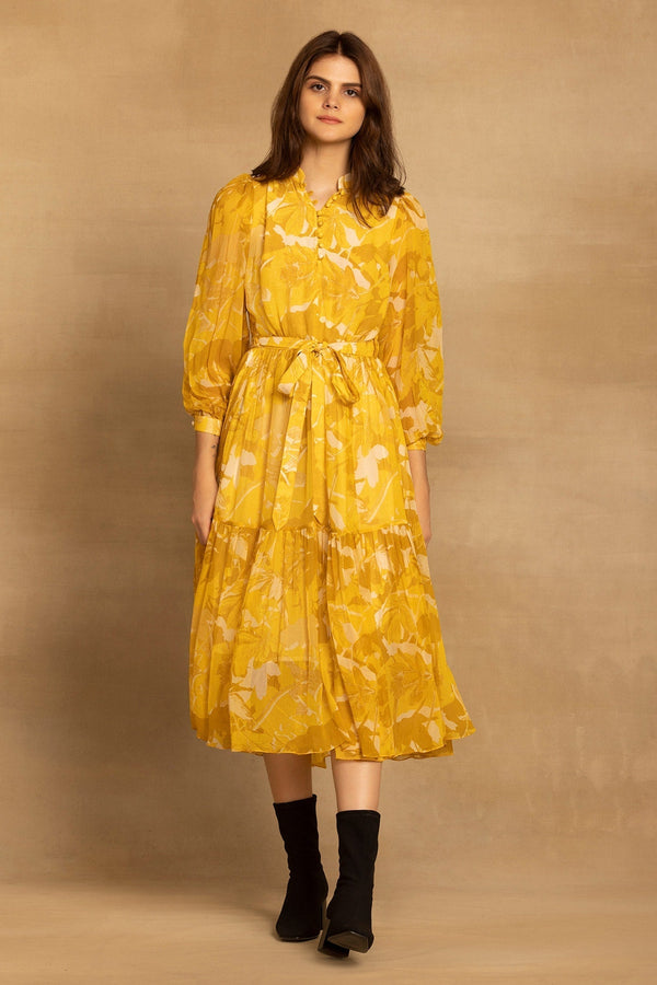 Yellow Viscose Georgette Printed Floral Band V Sara Tiered Dress