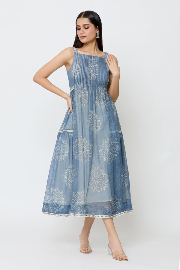 Blue Kota Doriya Print Batik Square Neck Flower Butti Dress For Women