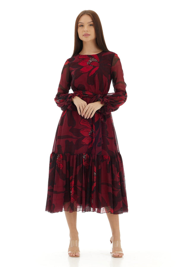 Pink Chiffon Printed Floral Round Pattern Flared Dress