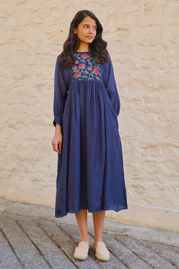 Blue Viscose Tabby Embroidered Bodice Floral Round Neck Linda Dress For Women