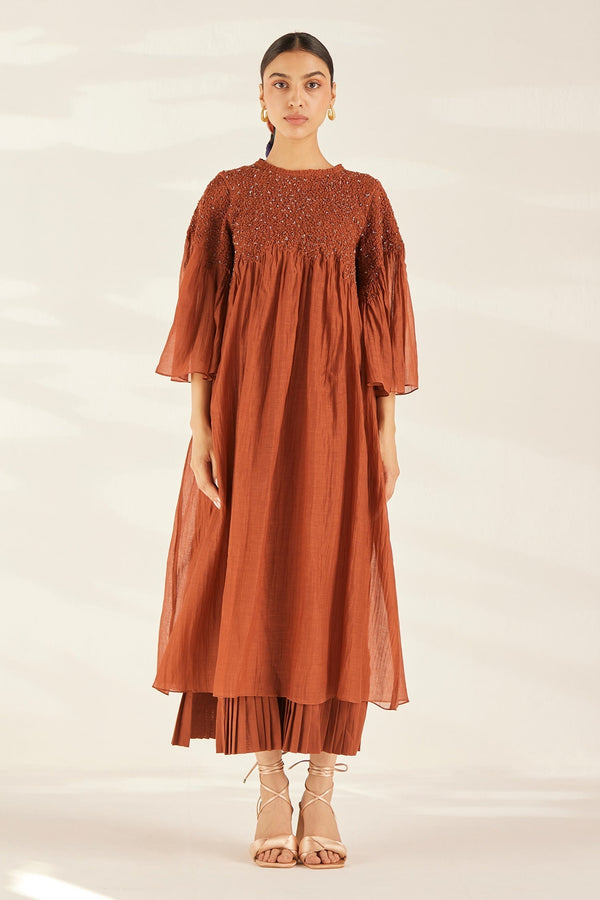 Brown Silk Chanderi Plain Round Reva Dress For Women