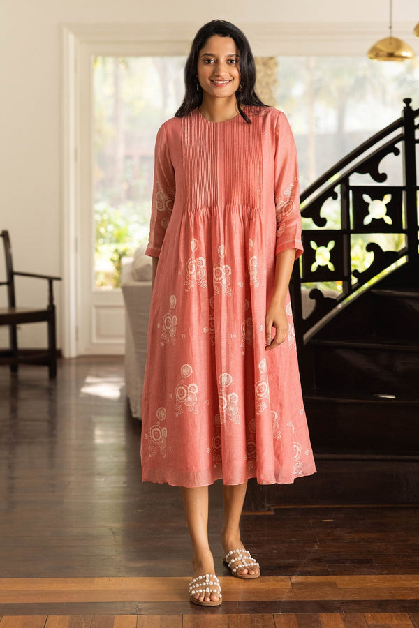 Pink Muslin Cotton Printed Thread Work Coral Pintucked Dress