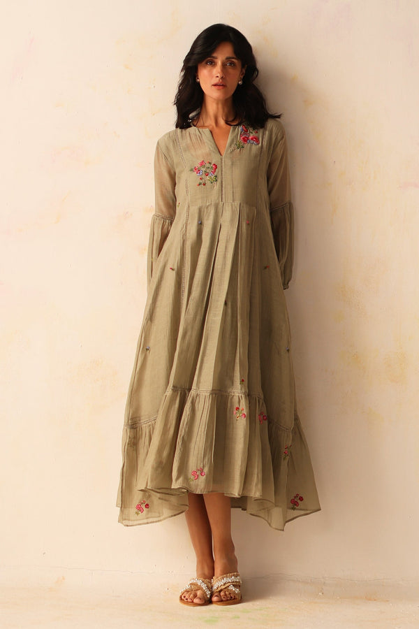Green Dress Chanderi Hand Embroidered Floral Chinaar With Slip For Women