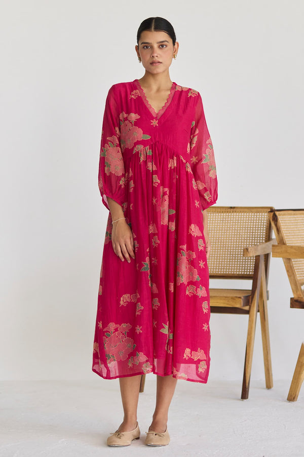 Pink Chanderi Print Bougainvillea Florence V Neck Midi Dress
