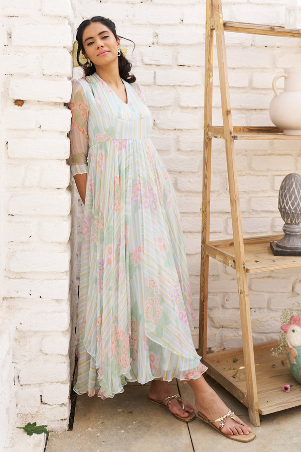 Blue Chiffon Print Bloomy V Neck Afina Dream Maxi Dress