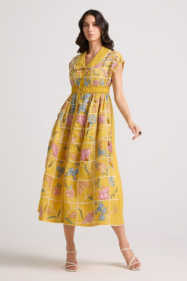 Yellow Silk Organza Lining Vintage Fleur Window Midi Shirt Dress For Women