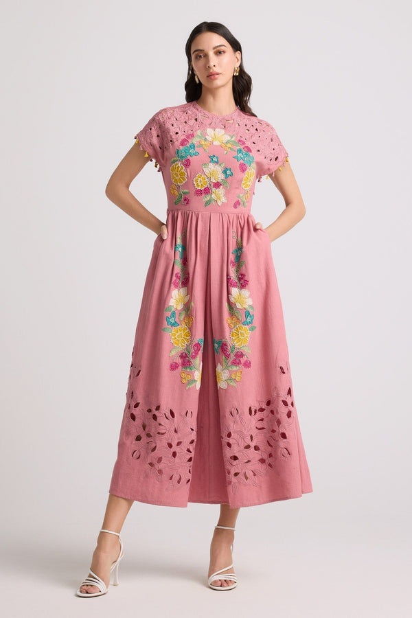 Pink Kala Lining 100% Blossom Cutwork Midi Dress For Women