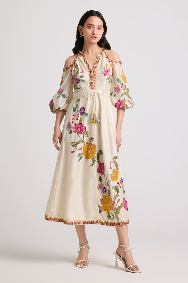 Ivory Chanderi Embroidered Floral Chainstitch Notched Midi Dress For Women