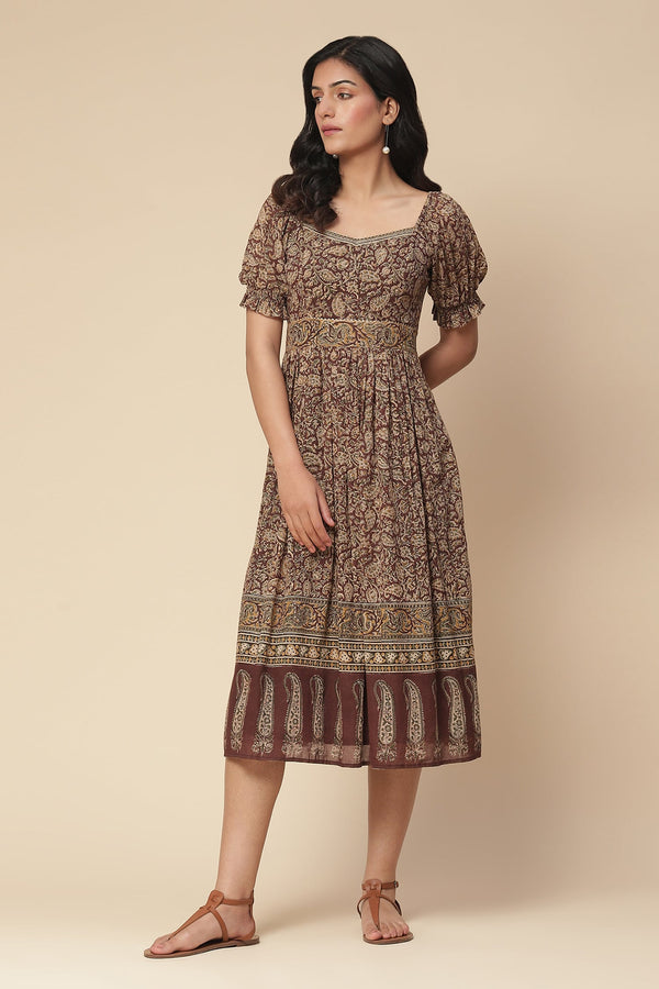 Brown Cotton Voile Print Paisley Garden Stuti Block Midi Dress For Women