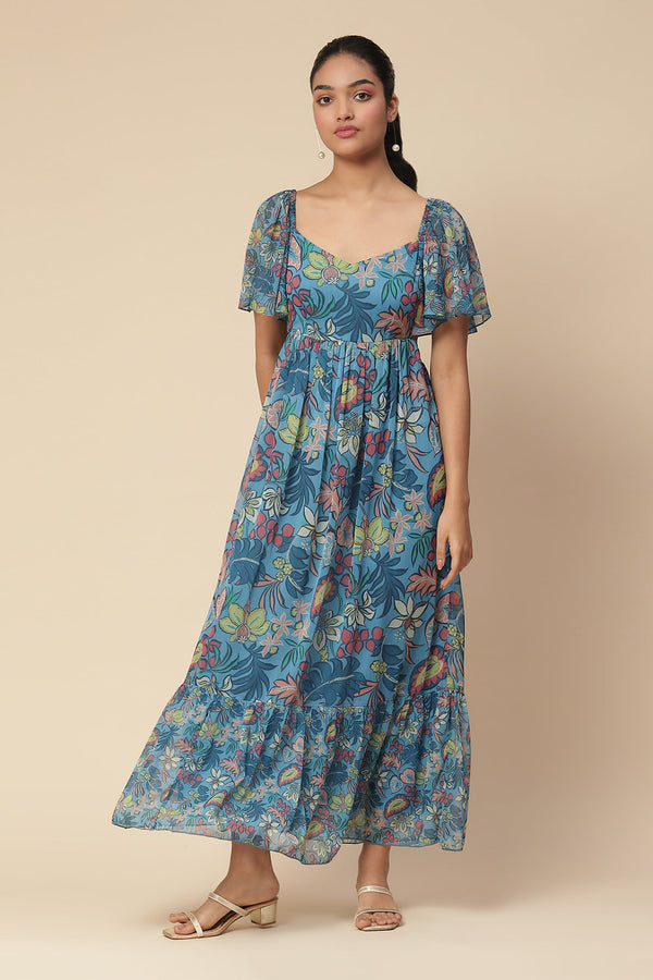Blue Recycle Chiffon Print Gardenia Sweetheart Sherry Maxi Dress For Women