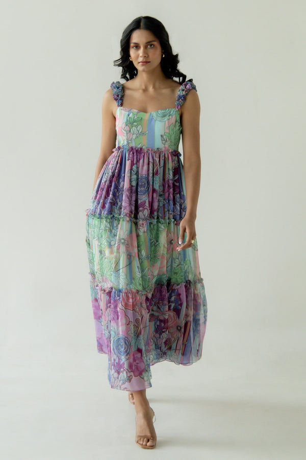 Green Recycled Chiffon Printed Fern And Fay Cassie & Tiered Dress For Women