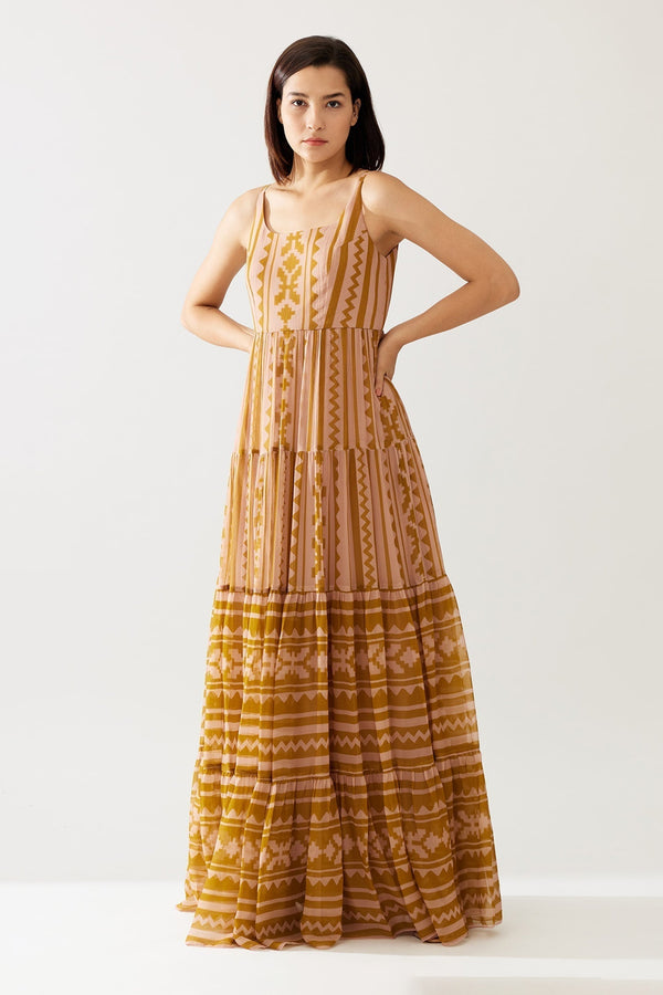 Pink Chiffon Printed Geometric U Neck Dress For Women