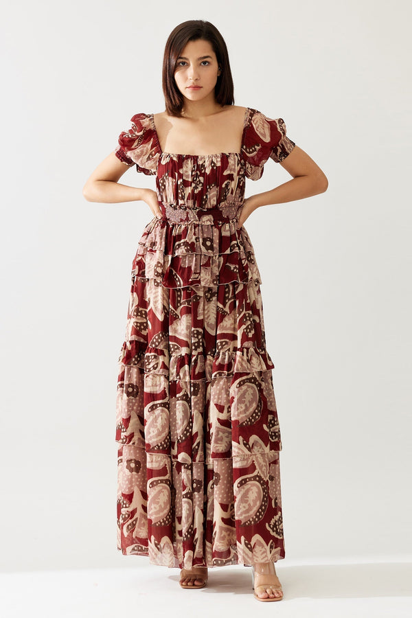 Red Cupro Chiffon Printed Floral Square Frilled Maxi Dress For Women