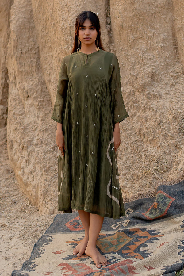 Green Chanderi Cotton Hand Painted Stroke Round Arazi Dress