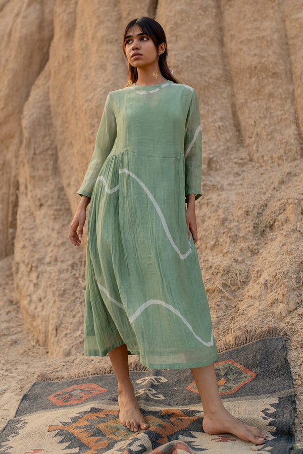 Green Chanderi Cotton Hand Painted Line Round Kara Dress