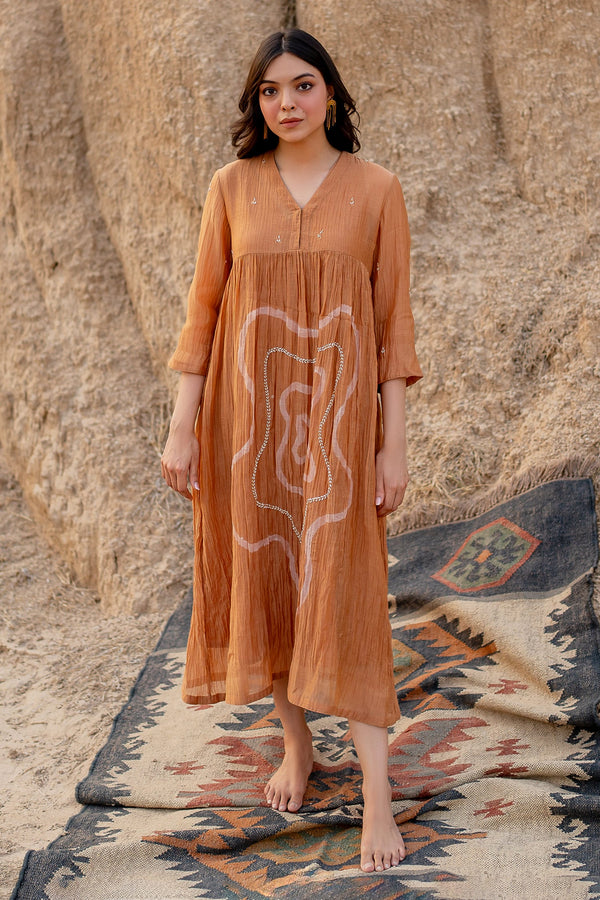 Brown Chanderi Cotton Hand Painted Stroke V Arazi Dress