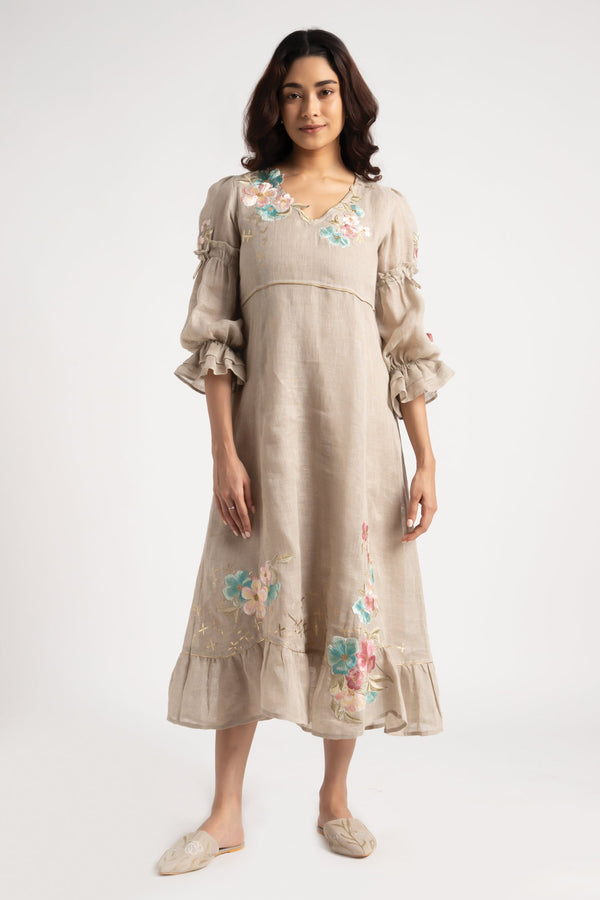 Grey 100% Linen Embroidery Floral V Neck Flower Silk Dress