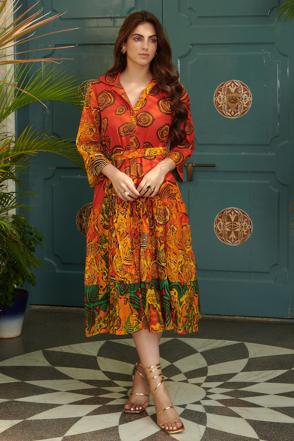 Orange 100% Cambric Cotton Printed Abstract Collar Midi Shirt Dress