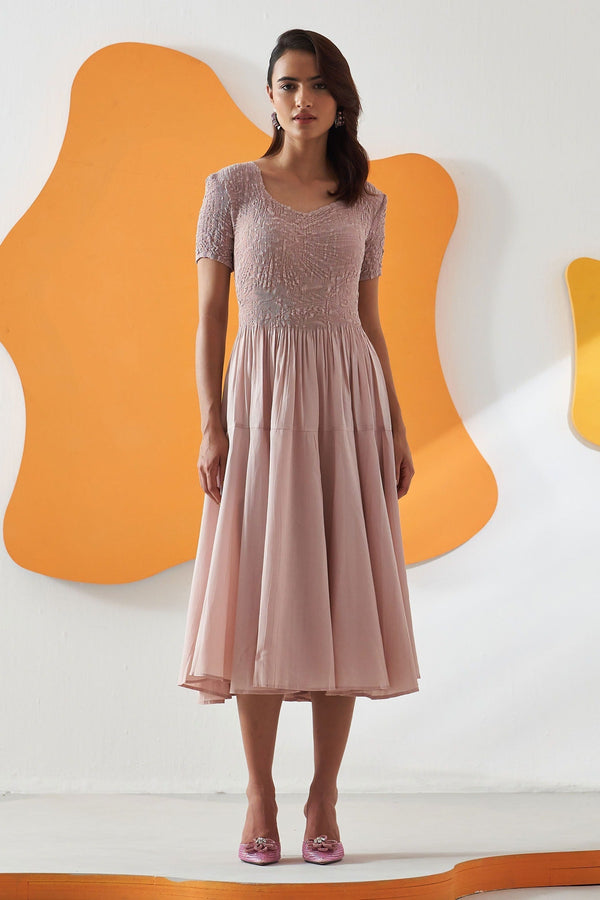 Pink Crepe Solid Round Herno Crushed Midi Dress